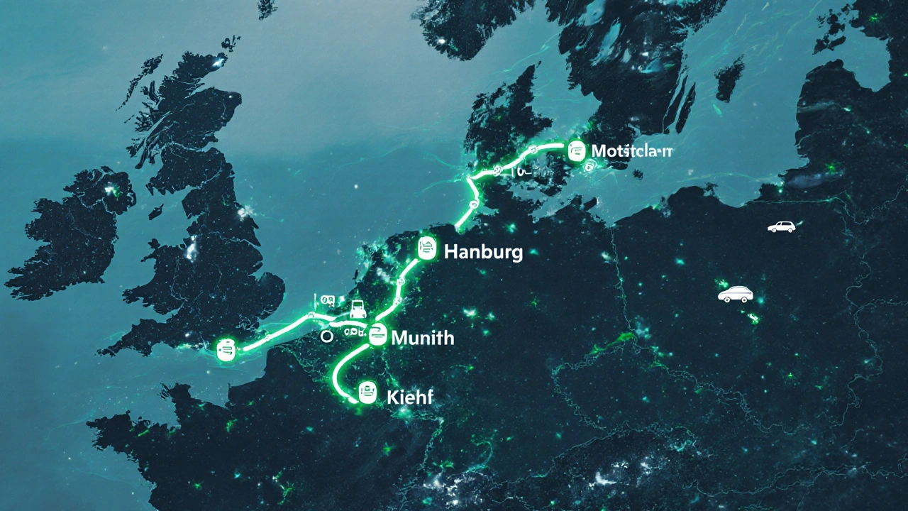 Eine digitale Routenkarte zeigt eine elektrische Reise von München über Hamburg nach Kiel und zurück.