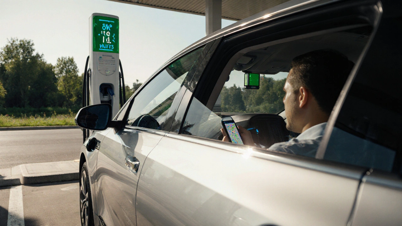 Fahrer lädt Kia EV6 an einer Schnellladesäule, Display zeigt 80% Ladung in 18 Minuten.