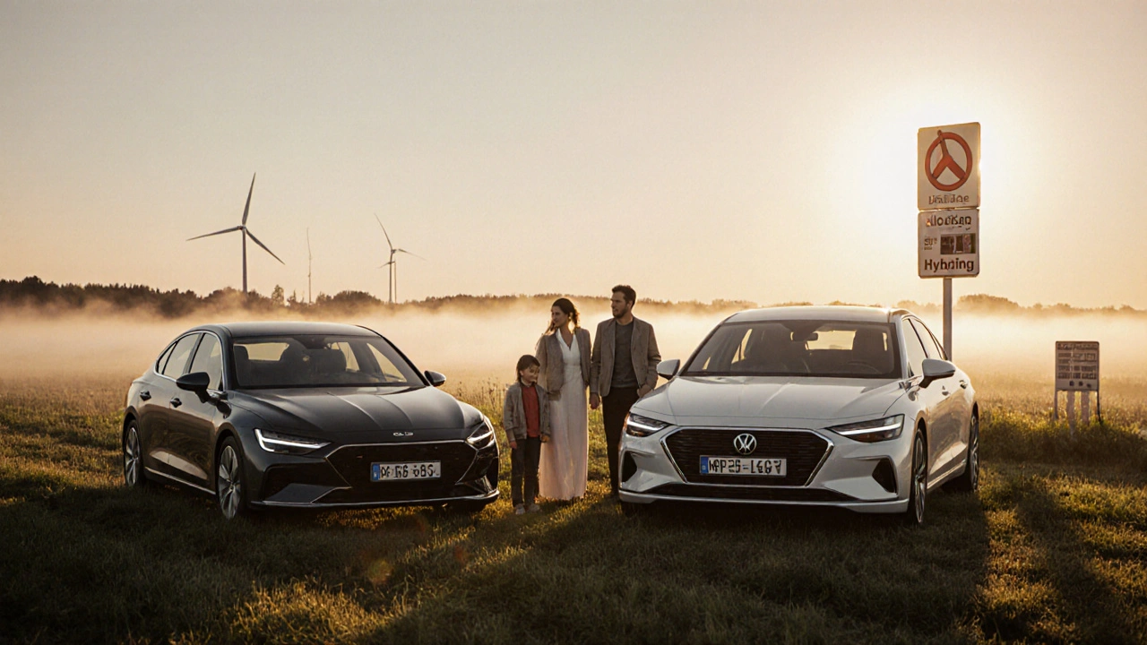 Familie vor Bio-Gas- und Hybridauto in der ländlichen Eifel bei Morgendämmerung.