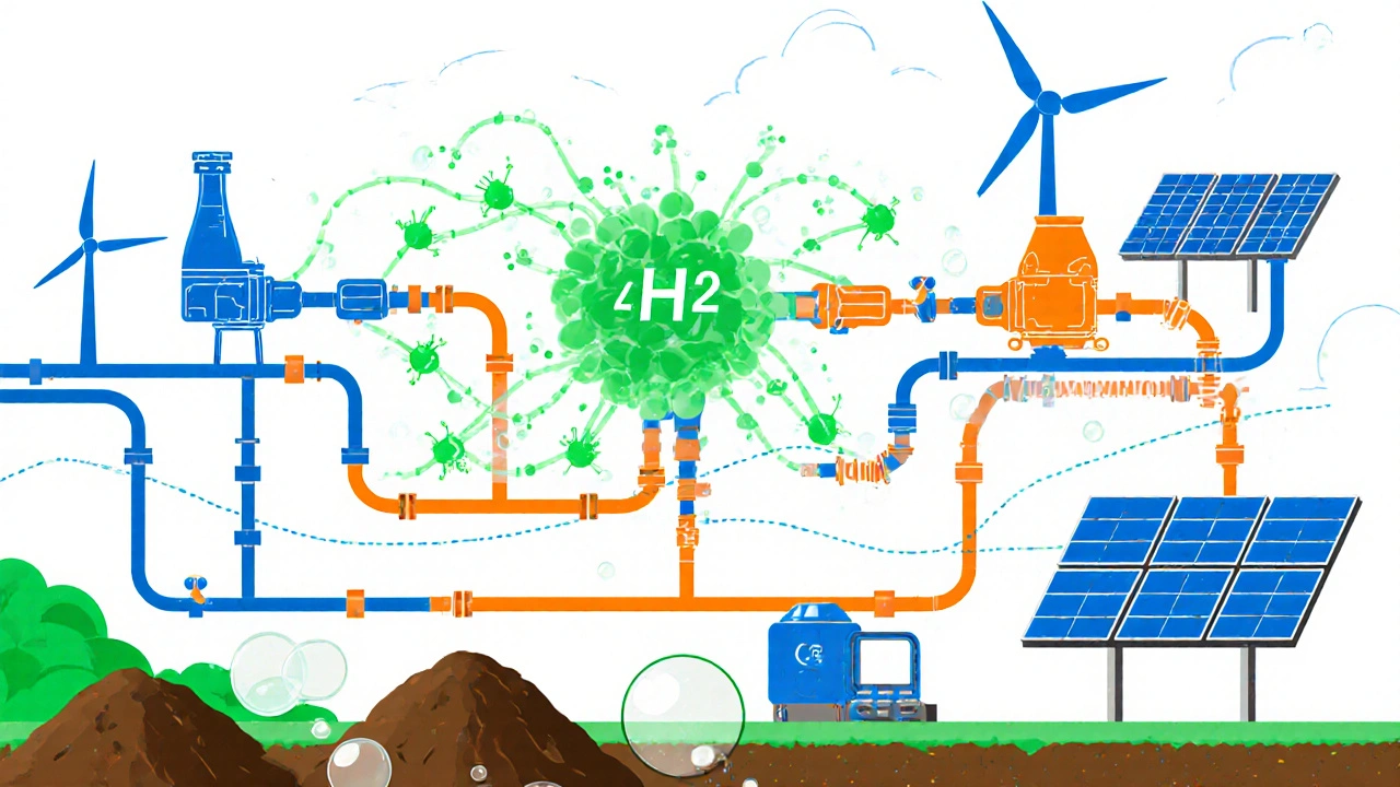 Gasleitung mit grünem Wasserstoff, der sich in Methanströme mischt, umgeben von Windrädern und Biogasquellen in der Landschaft.