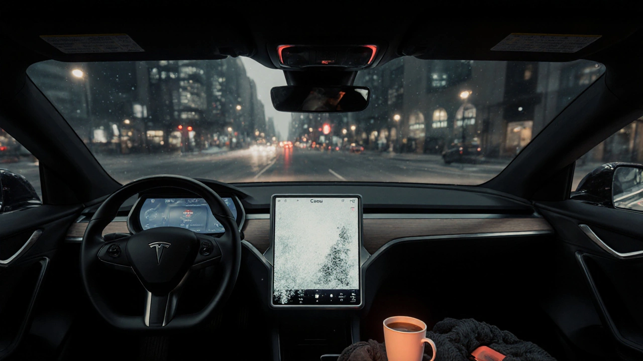 Gefrorenes Touchscreen-Display in einem Tesla-Innenraum bei Nacht, rote Fehlerlichter leuchten.