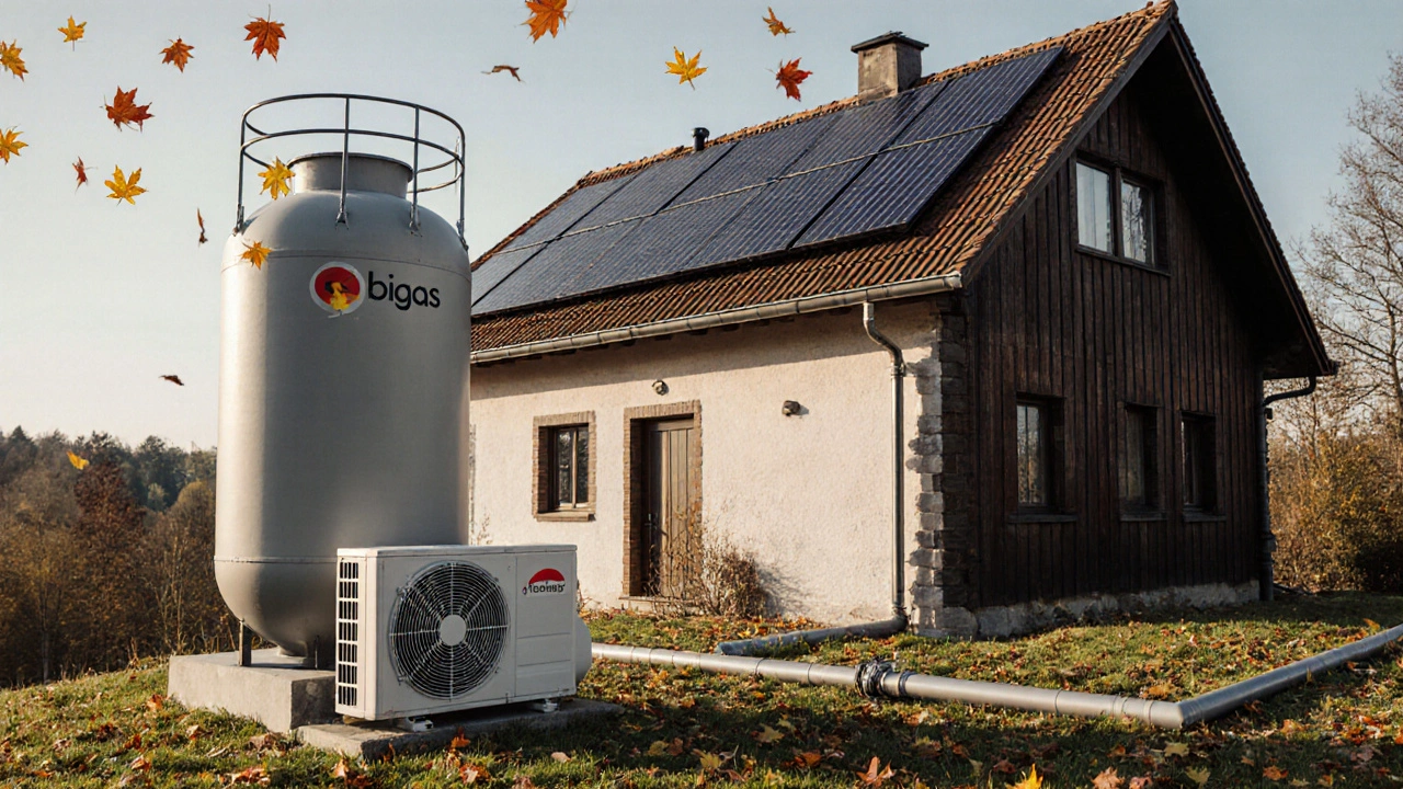 Haus mit LPG-Tank, der durch eine Wärmepumpe und Biogasleitung ersetzt wird.