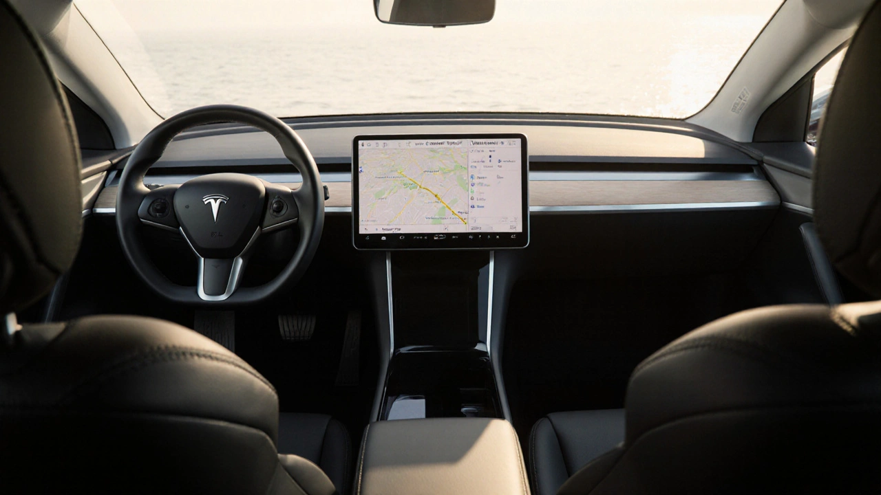 Innenausstattung des Tesla Model 3 Basismodells mit Touchscreen, Sitzheizung und LED-Beleuchtung, ohne Ledersitze oder Panorama-Dach.