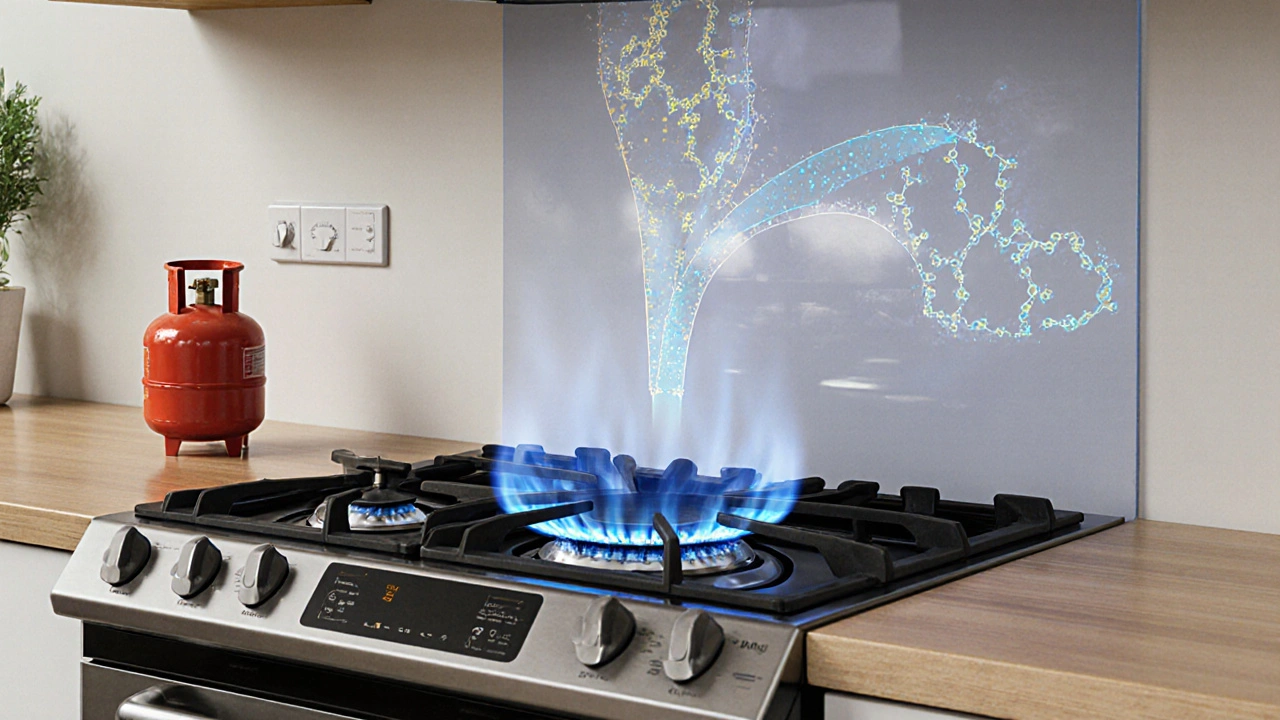 Küchenherd mit blauer Gasflamme, dahinter Pipelines, die Methan aus dem Nordseegebiet transportieren, nebenan eine unbenutzte LPG-Flasche.