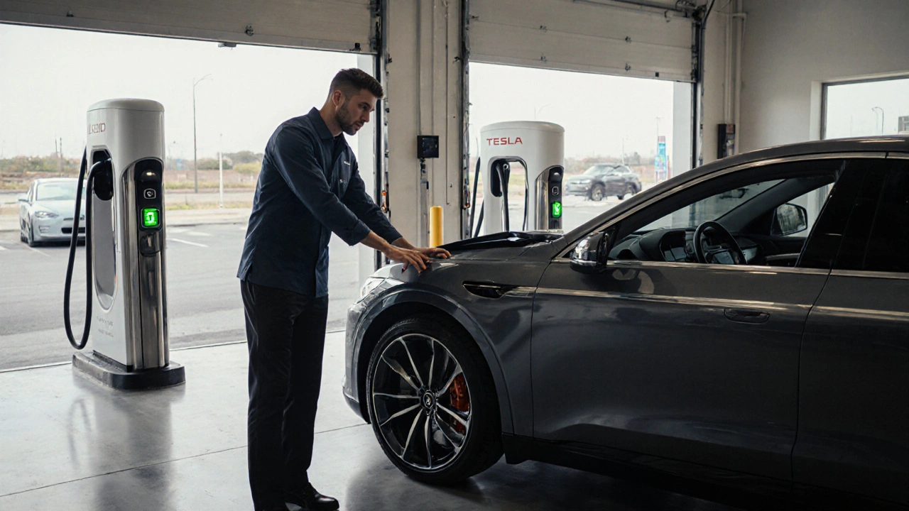 Lucid Air wird kostenlos abgeholt für Service, CCS-Ladestation im Hintergrund.