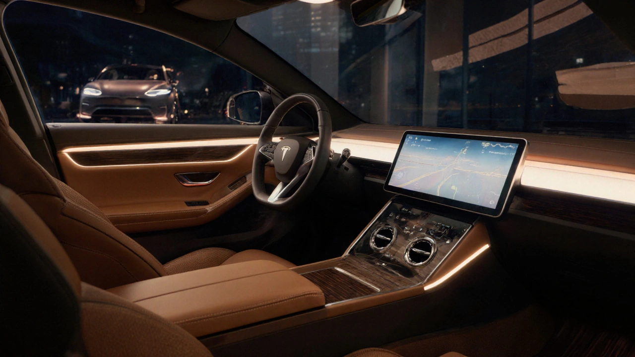 Luxuriöse Innenraumansicht des Lucid Air mit Leder Sitzen, Holzboden und Panorama-Bildschirm.