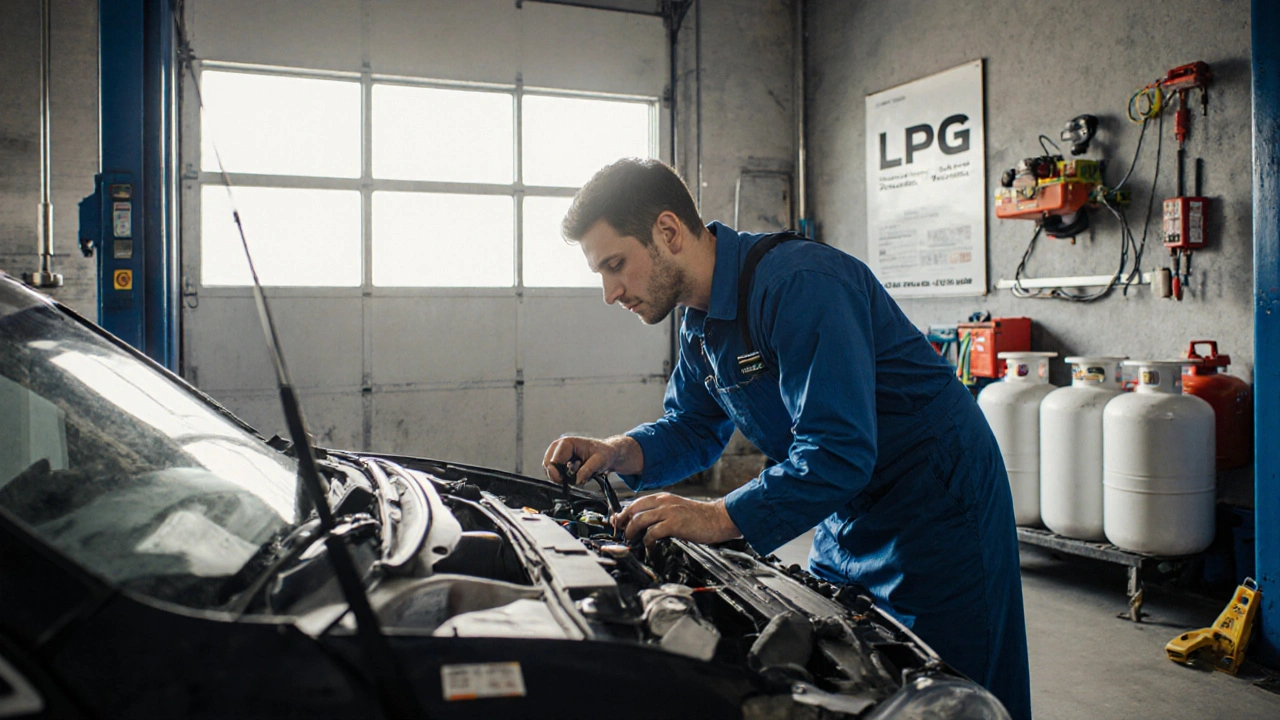 Mechaniker installiert eine LPG-Umrüstung an einem Familienauto in einer Werkstatt