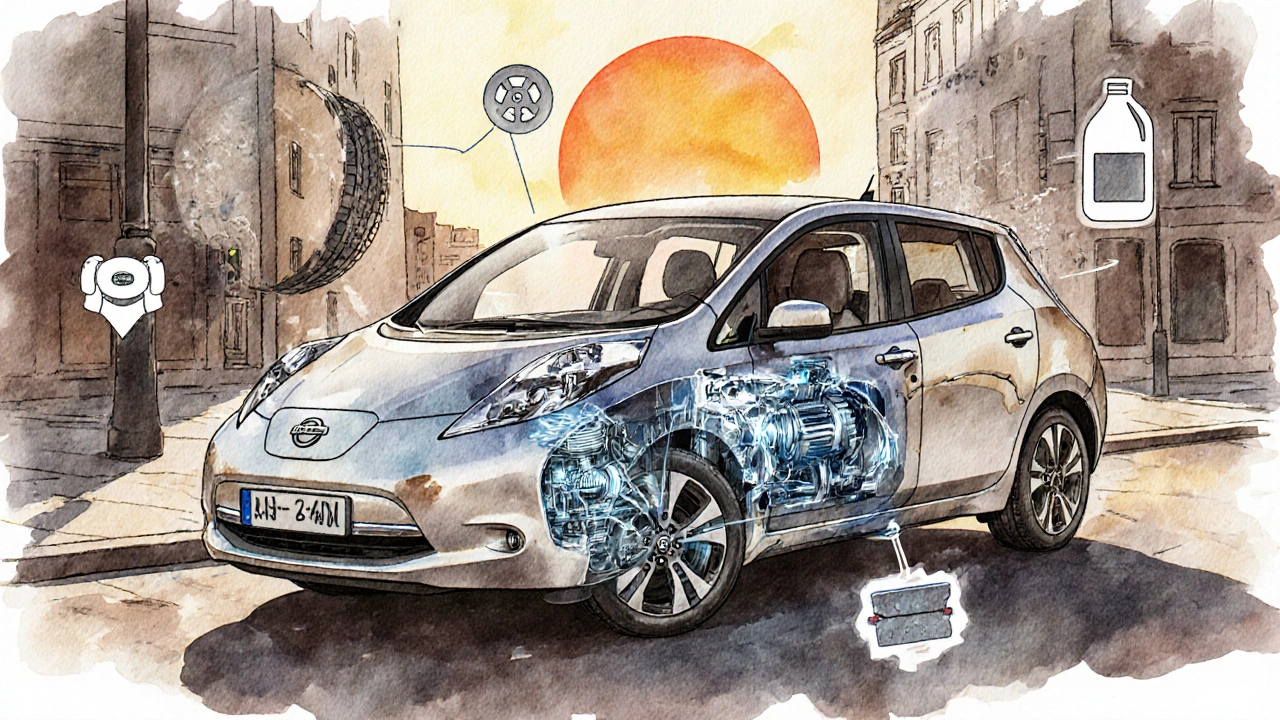 Nissan Leaf aus den 2010er Jahren in Berlin mit durchsichtiger Darstellung des Elektromotors.