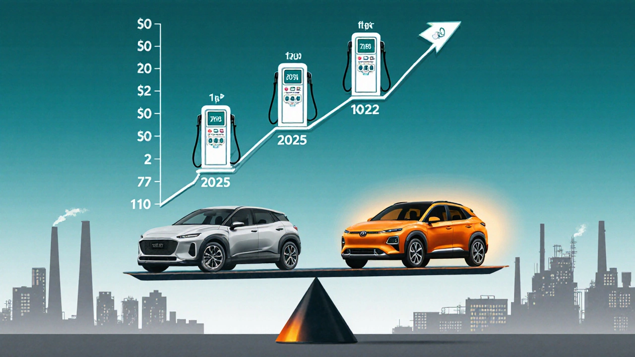 Preisentwicklung von Elektroautos von 2020 bis 2025 mit Symbolen für Elektro- und Benzinautos auf einer fallenden Kurve.