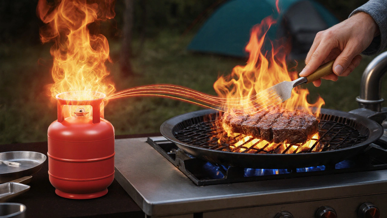Propan-Zylinder strahlt konzentrierte Wärme auf ein Steak, Erdgas-Pipe verteilt diffuse Wärme über dasselbe Steak.