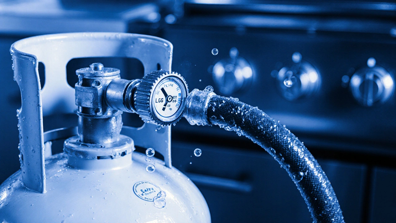 Propanflasche mit LPG-Schlauch und Regler, Seifenlauge-Test zeigt Blasen an der Verbindung.