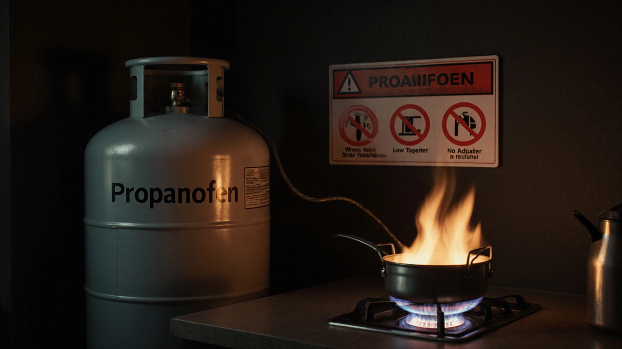 Propanofen mit zertifiziertem Adapter an großer LPG-Flasche, Warnsymbole im Hintergrund.