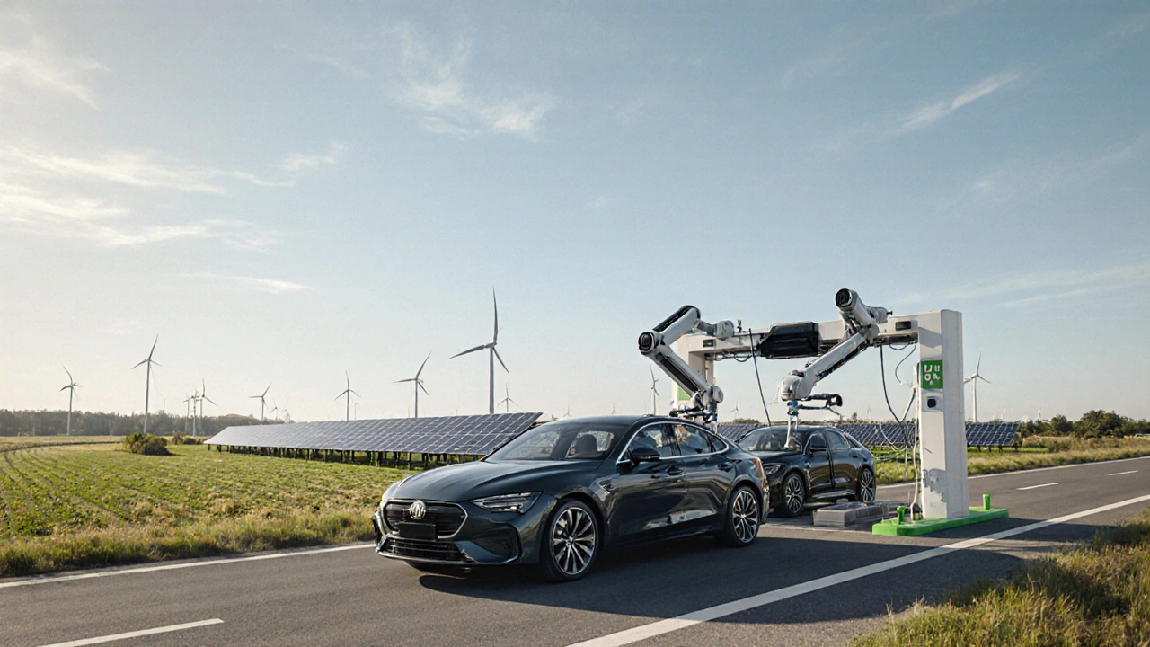 Roboter tauschen eine Elektroauto-Batterie an einer Austauschstation auf dem Land aus.