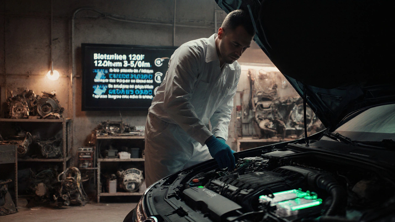 Techniker installiert eine Batterie in einen VW Golf, mit CO₂-Vergleich auf einem Bildschirm.