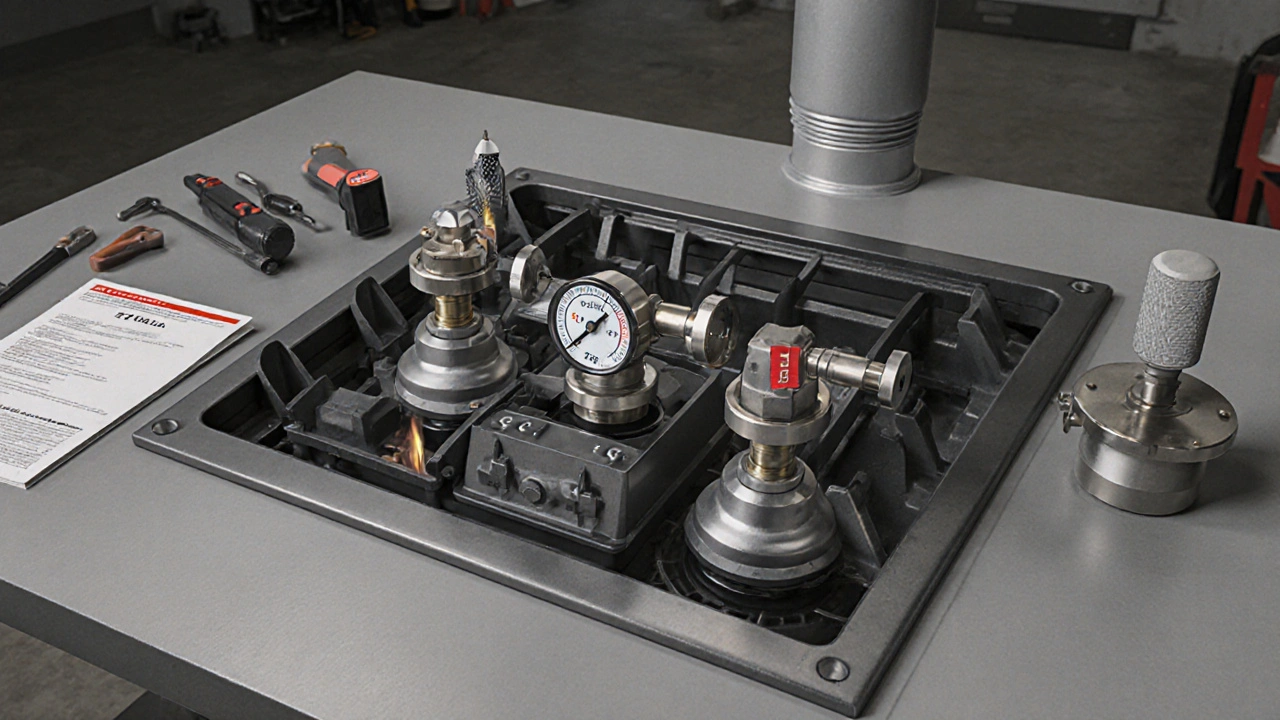 Technische Darstellung der Umstellung von Erdgas auf LPG mit Druckregler, Brenndüsen und Luftmischer