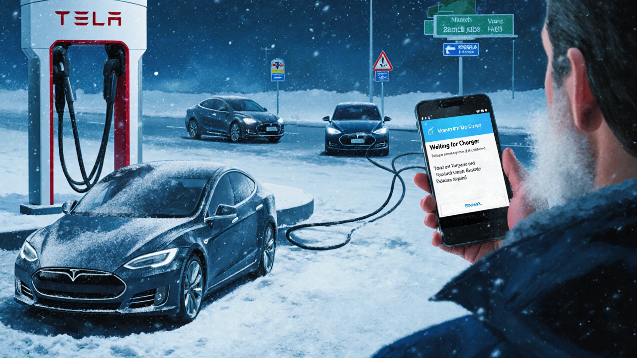 Tesla-Fahrer wartet an einer Supercharger-Station im Schnee, andere Autos vor ihm geladen.