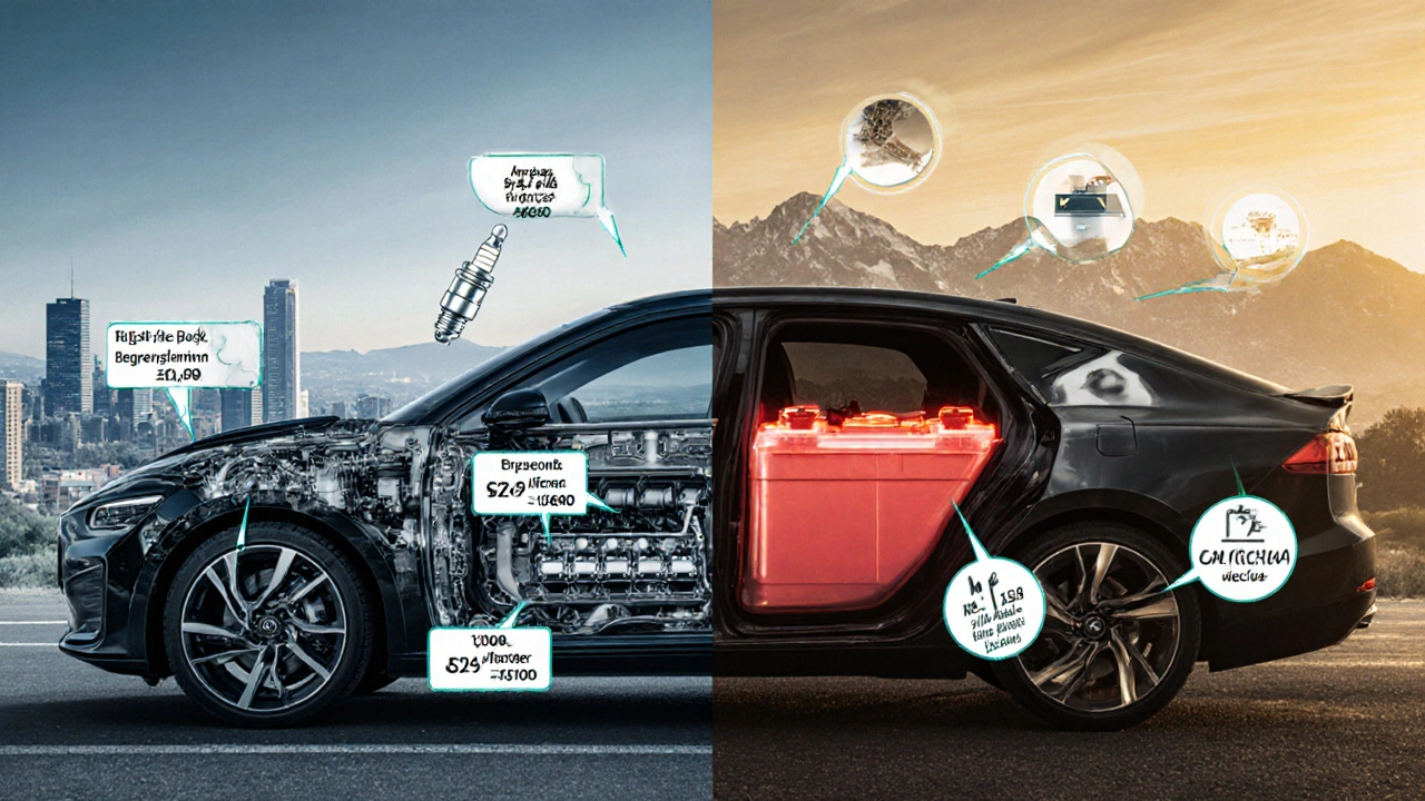 Vergleich: Einfache Benzinteile vs. komplexe Elektrobatterie mit Kosten- und Infrastruktur-Symbolen.