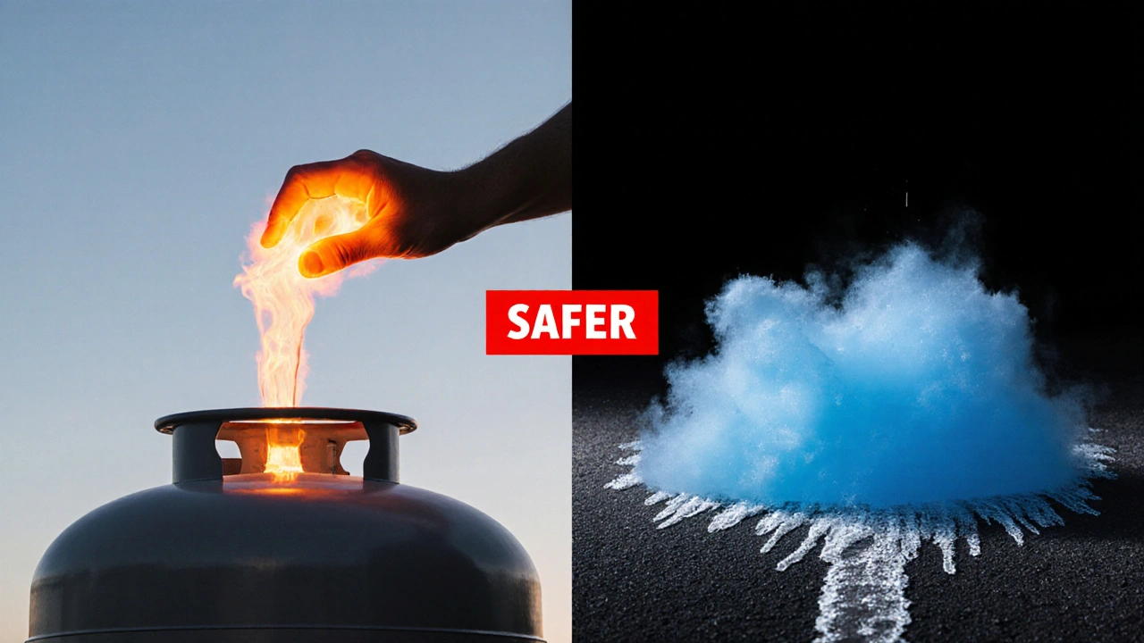 Vergleich: LPG-Dampf steigt sicher auf, LNG-Wolke kriecht gefährlich am Boden.