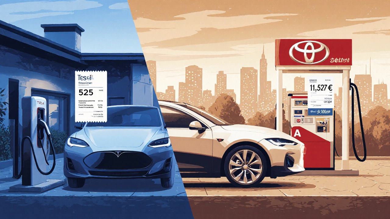 Vergleich: Tesla mit günstigem Stromverbrauch links, Benziner mit hohen Tankkosten rechts, in deutscher Stadtumgebung.