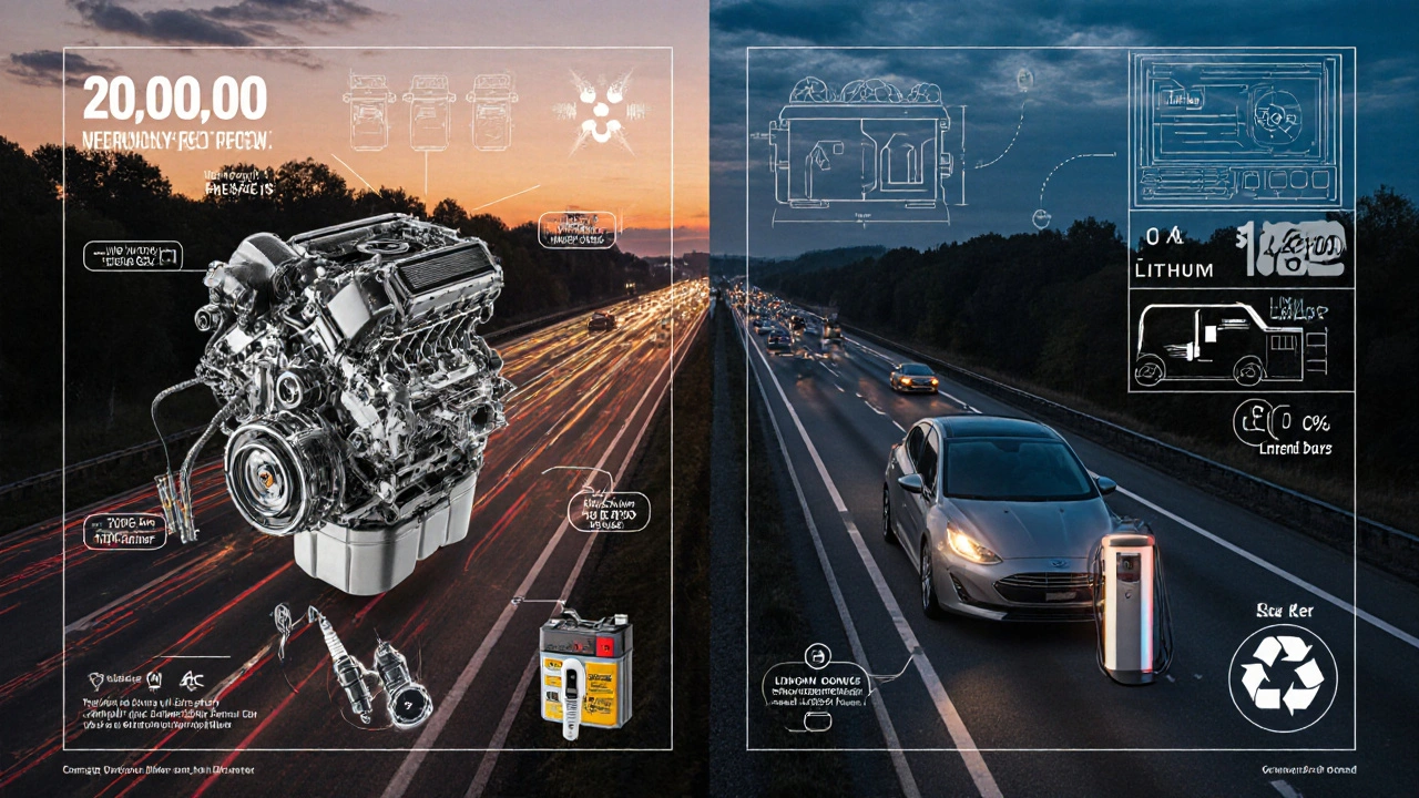 Vergleich von Benziner-Motor mit vielen Teilen und teurer Elektro-Batterie mit Recycling-Symbolen.
