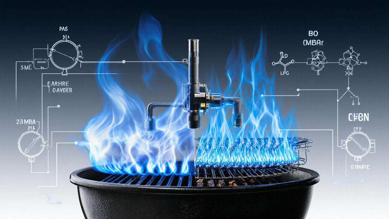 Vergleich von Erdgas- und LPG-Verbrennung an einem Grill mit Druckunterschieden visualisiert.