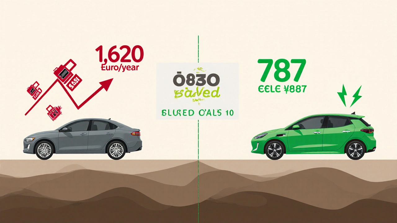 Vergleich zwischen Benzin- und Elektroauto-Kosten mit deutlicher Ersparnis von 830 Euro pro Jahr.