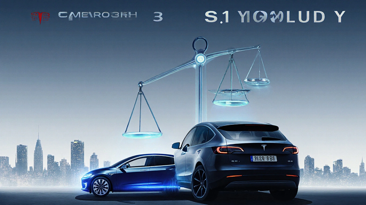 Vergleich zwischen Tesla Model 3 und Model Y, wobei das kleinere, günstigere Model 3 auf einer Waage niedriger ist als das größere Model Y.