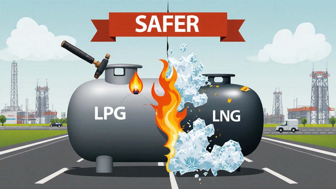Vergleichsansicht: LPG-Tank übersteht Prüfungen, LNG-Tank bricht bei Kälte – &#039;SAFER&#039; über LPG, technischer Stil.