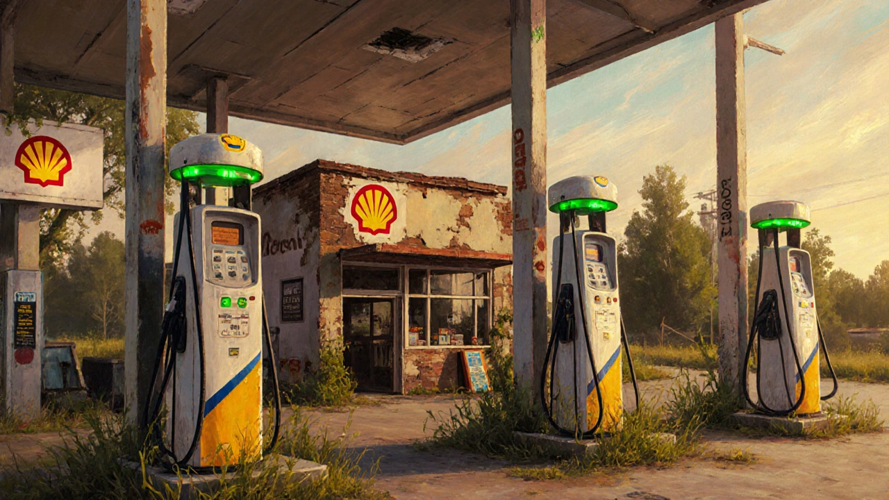 Verlassene Tankstelle, umgewandelt in eine Ladestation mit Café und Reparaturwerkstatt, alte Zapfsäulen entfernt, Sonnenuntergang.