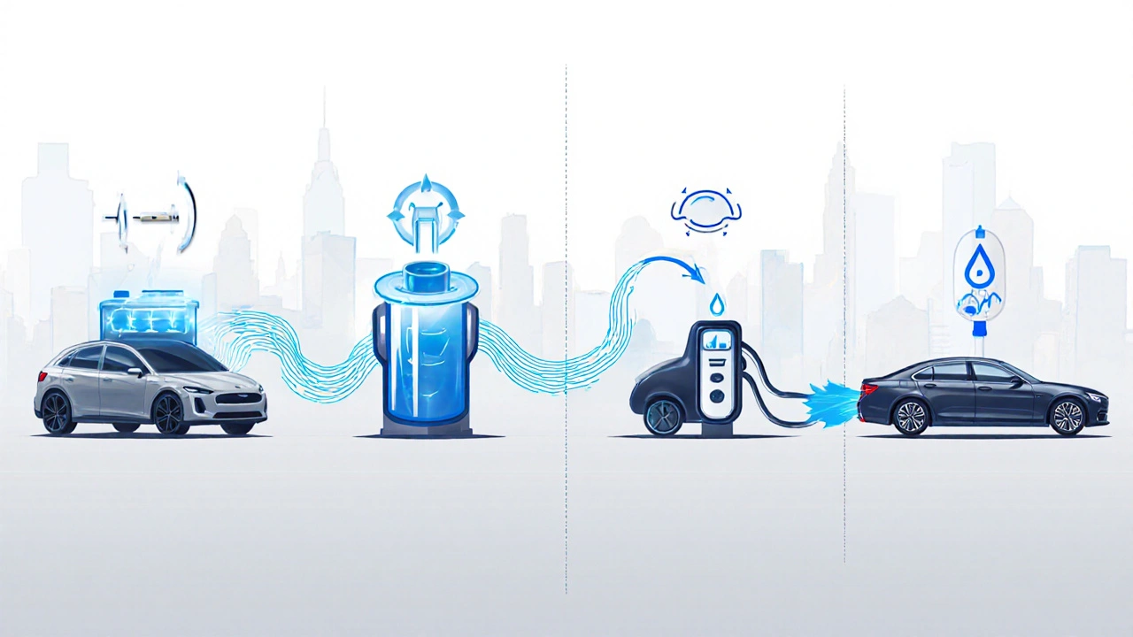 Visuelle Darstellung der vier Arten von Elektroautos mit Symbolen für Batterie, Stecker, Regeneration und Wasserstoff.