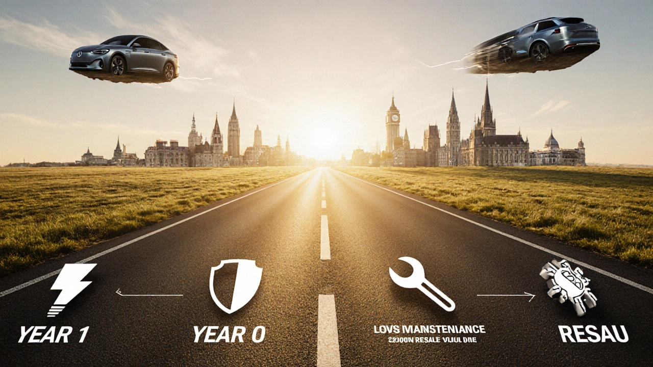 Weg der Ersparnis über zehn Jahre mit Symbolen für Strom, Steuern, Wartung und Restwert.