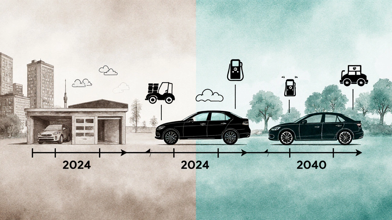 Zeitleiste von Benzin über LPG zu Elektrofahrzeugen mit regionalen Landschaften.