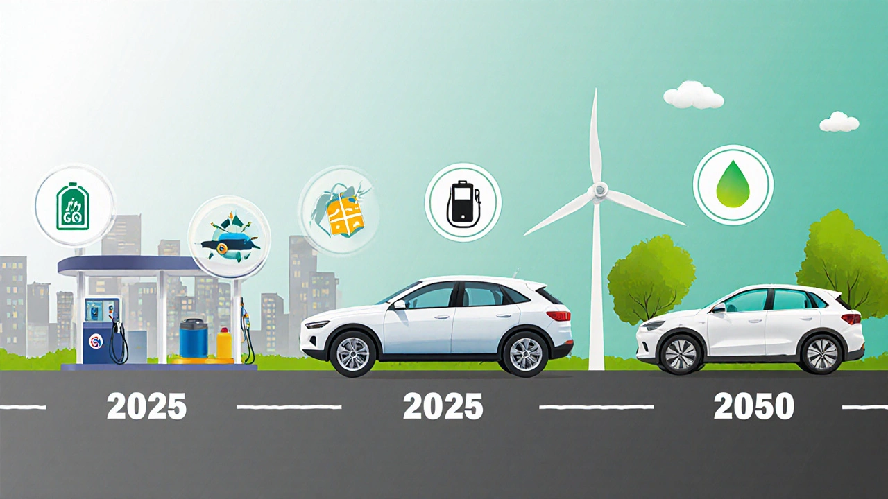 Zeitlinie zeigt die Entwicklung eines Benzinautos zu einem Hybridfahrzeug mit LPG und Elektro