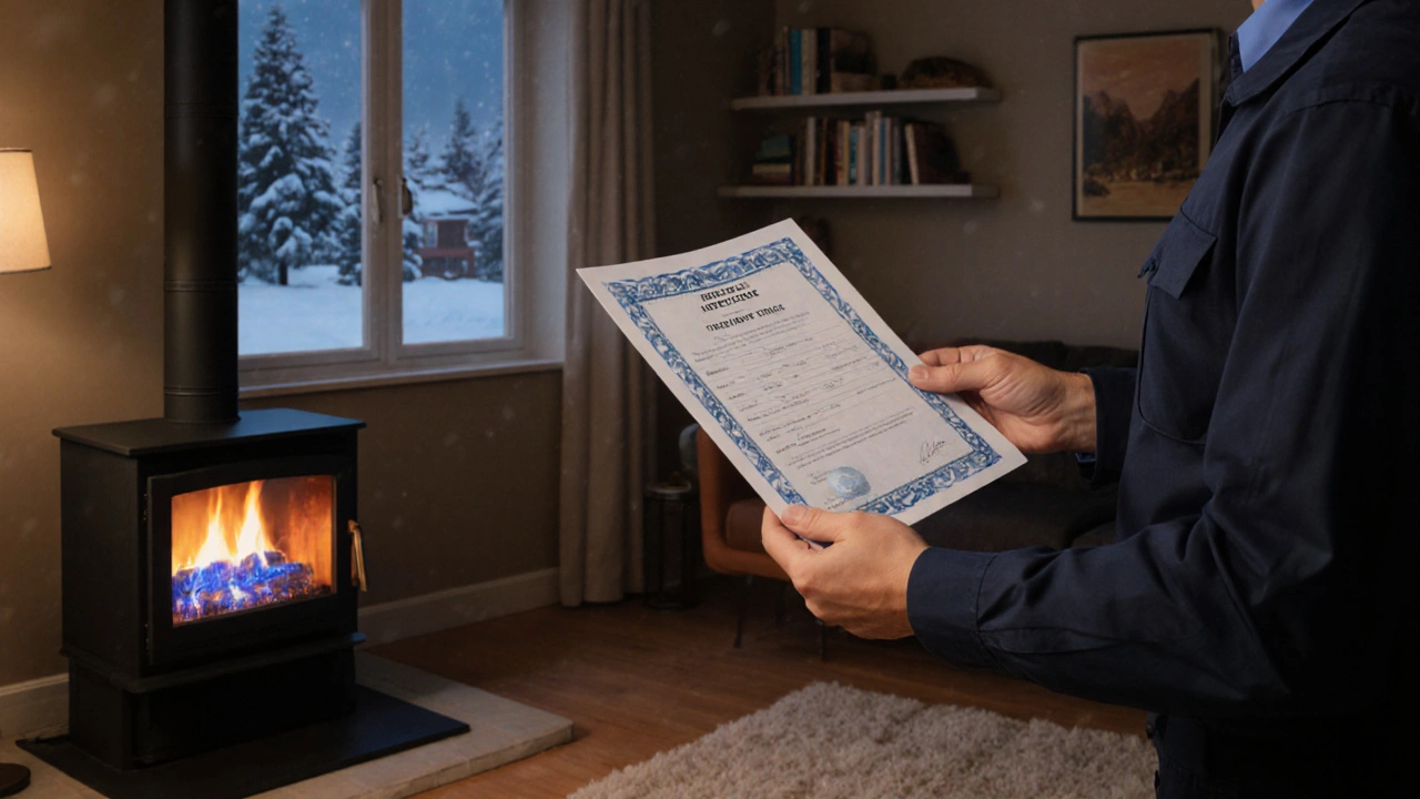 Zertifizierter Techniker übergibt Bescheinigung für sicher umgerüstete Gasfeuerstelle