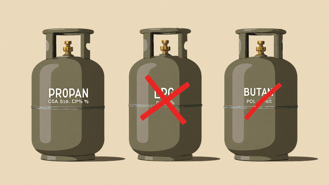 Zwei Gasflaschen im Vergleich: Propan mit CGA 510-Anschluss und Butan mit abgebrochenem Anschluss.