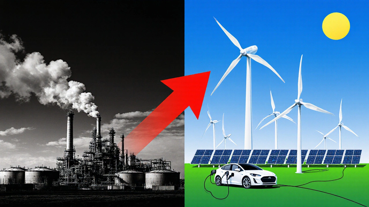 Zweigeteilte Landschaft: links Ölraffinerie mit Rauch, rechts Windräder und Solaranlagen, die Elektroautos laden – Symbol für den Klimawandel.