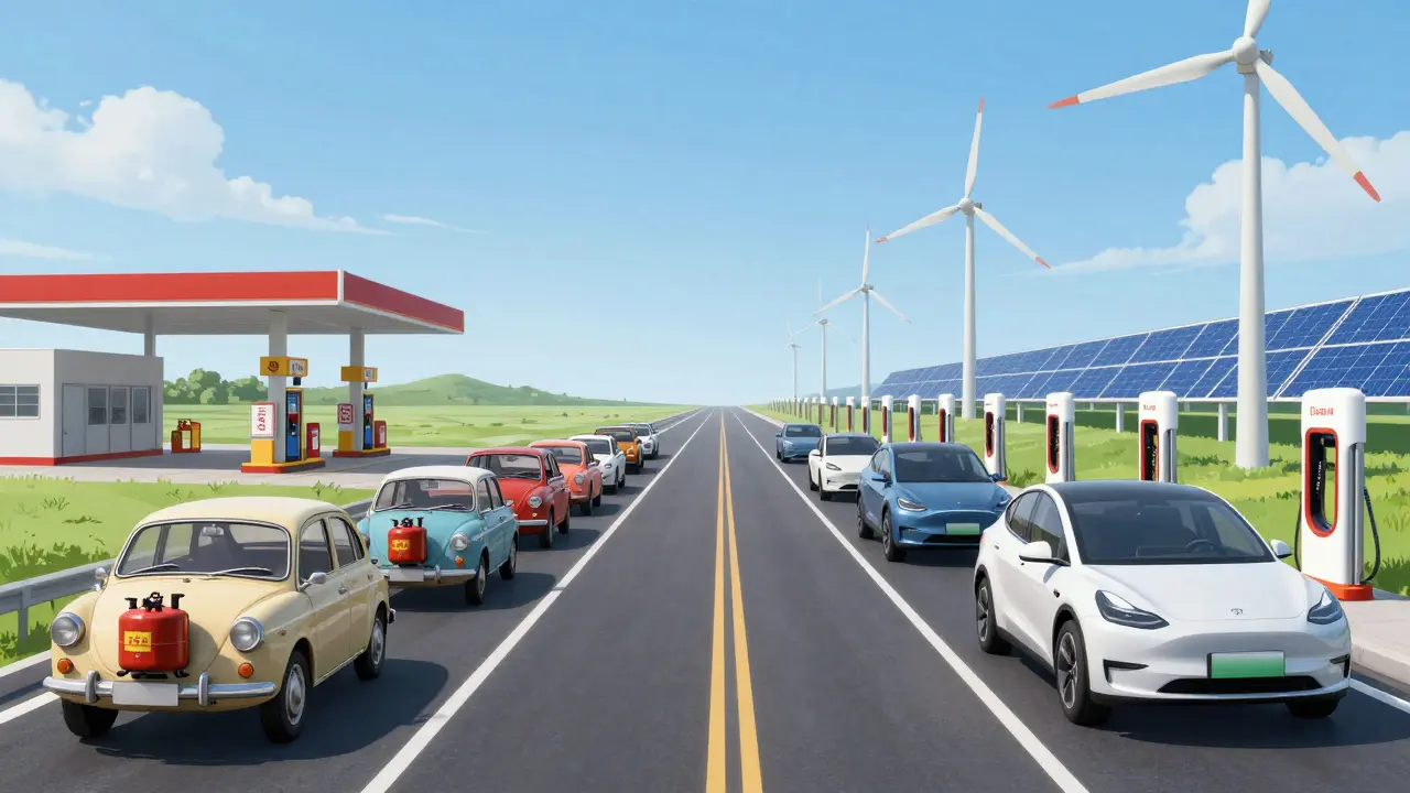 Aufgeteilter Straßenabschnitt: alte Gasautos fahren zur Schließung, moderne E-Autos fahren Richtung Zukunft.