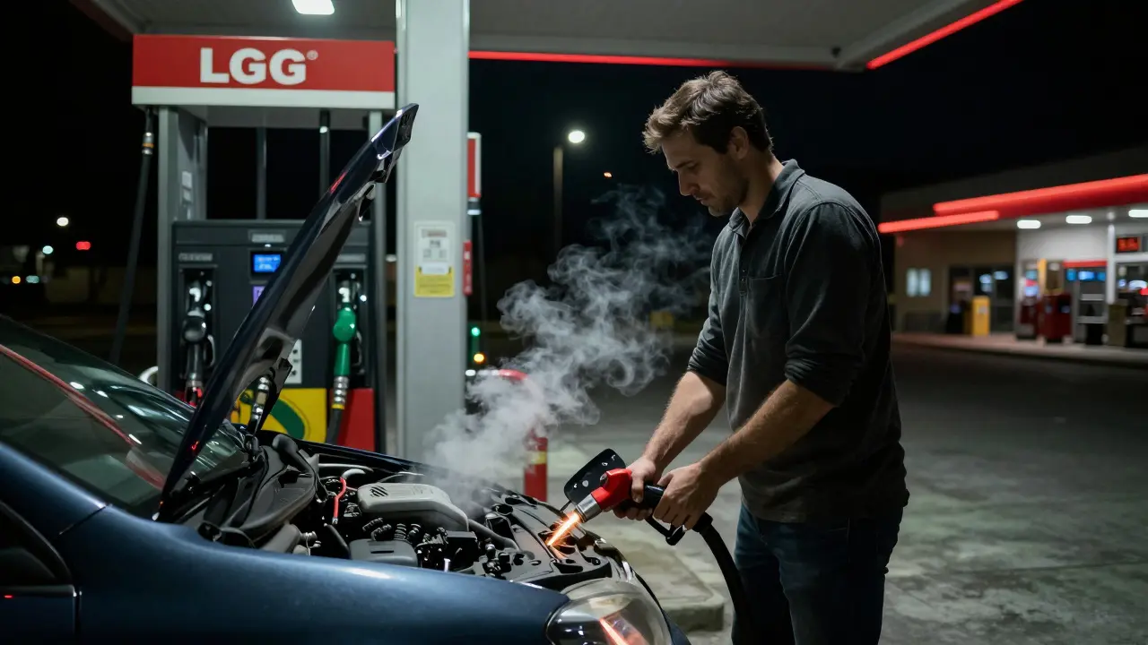 Auto an einer LPG-Tankstelle mit abgestelltem Motor, leicht sichtbare Gaswolke und Funken im Hintergrund.
