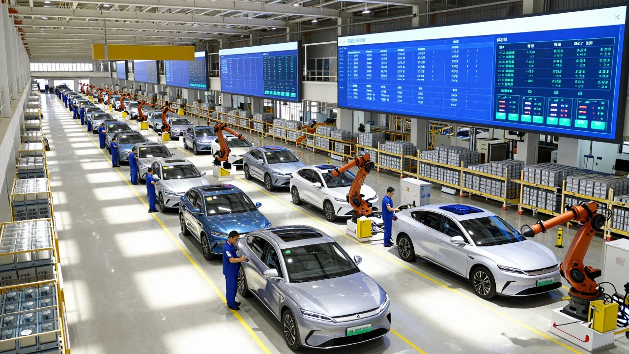 Automatisierte Fabrikhalle mit laufenden Produktionslinien für Elektroautos und gestapelten Batterien.