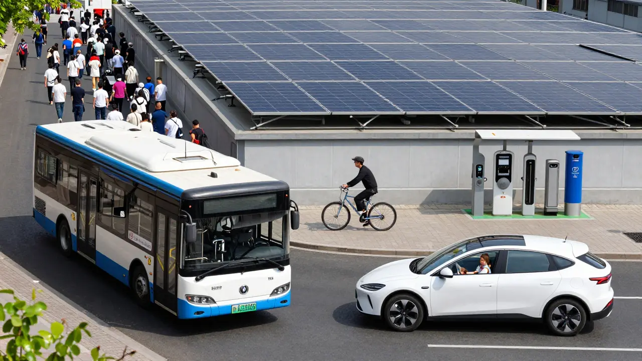 Ein Elektrobus mit vielen Fahrgästen steht neben einem einzelnen E-Auto, dazwischen fährt ein Radfahrer vor Solardächern.