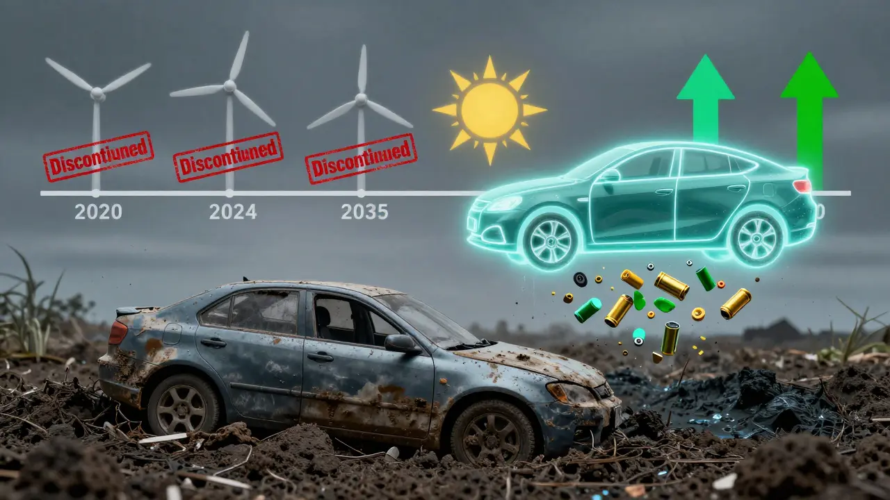 Ein verrottendes Benzinauto sinkt in den Boden, während ein leuchtendes Elektroauto emporsteigt.
