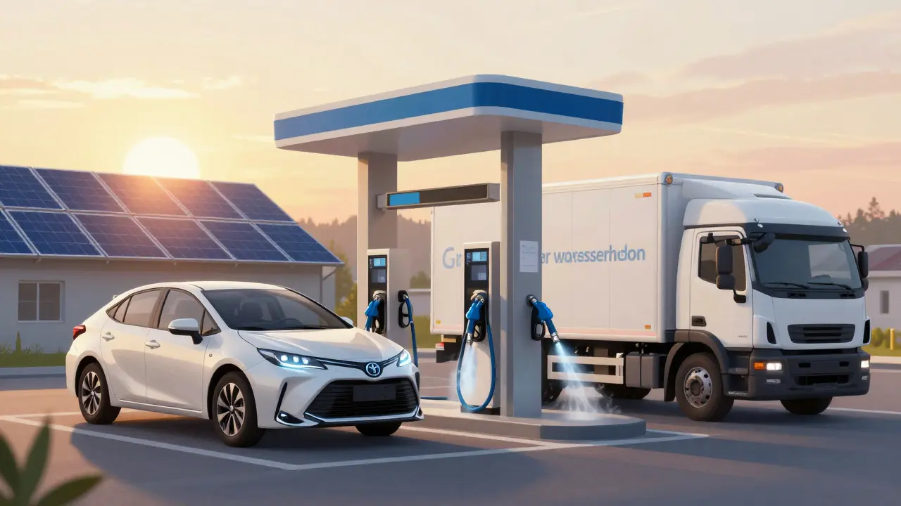 Ein Wasserstoffauto wird an einer Tankstelle in Bayern abends betankt, während Wasserdampf aufsteigt und Solarpaneele im Sonnenlicht glitzern.