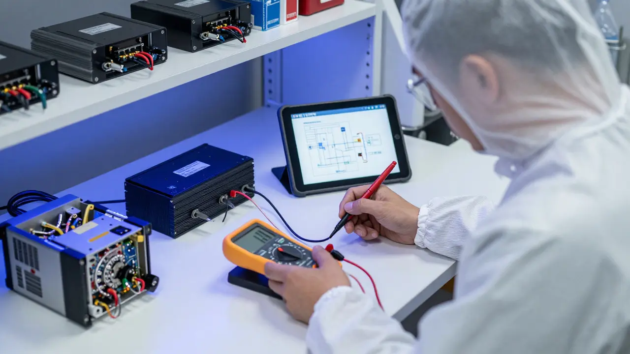 Fachmann diagnostiziert einen Wechselrichter in einer Elektroauto-Werkstatt mit Messgeräten.