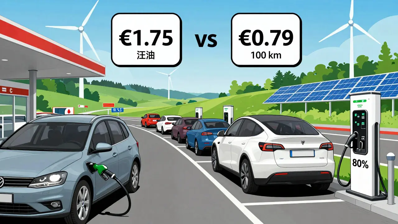 Fahrer an einer Autobahnraststätte: links tankt ein Auto Benzin, rechts lädt ein Elektroauto schnell.