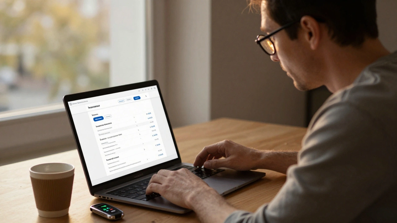 Fahrer in München vergleicht Versicherungsangebote für einen Tesla an seinem Laptop.