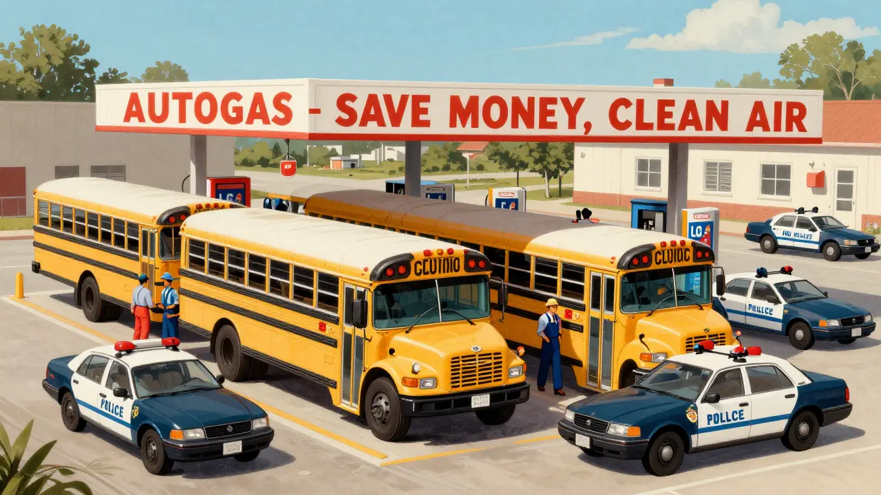 Fahrzeugflotte aus den 1980er Jahren, die an einer LPG-Tankstelle tankt, mit retroem Design und Schildern.