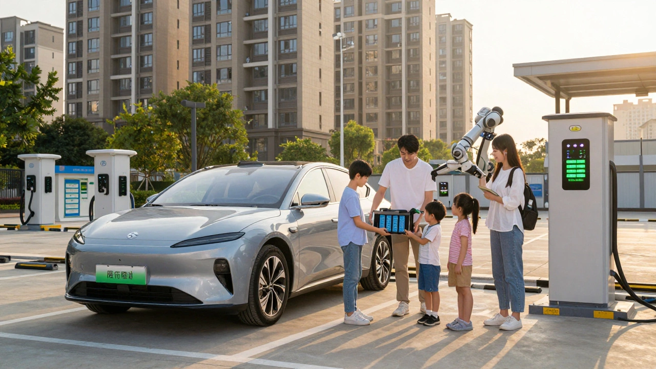 Familie an einer Batteriewechselstation, während ein Roboterarm die Batterie ihres Elektroautos wechselt.