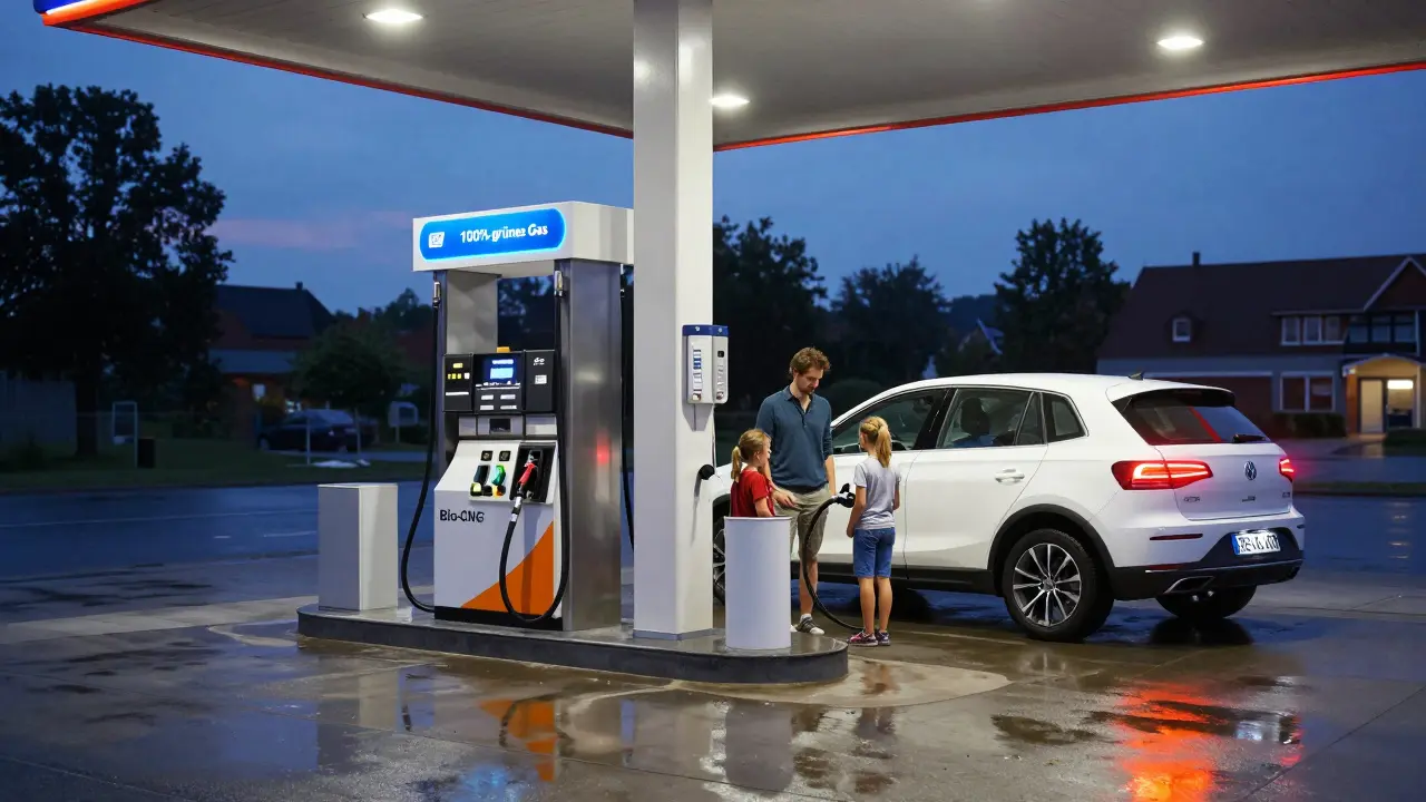 Familie tankt Bio-CNG an einer deutschen Gastankstelle bei Dämmerung.