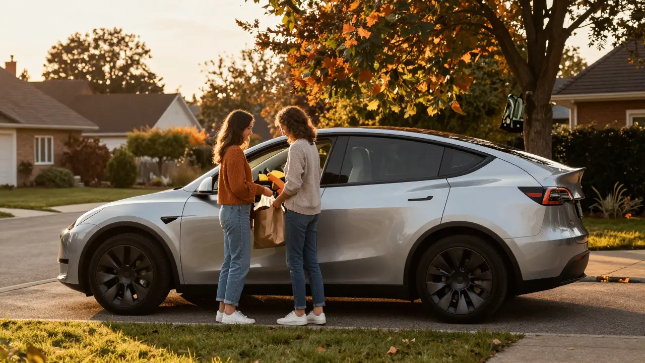 Family loading groceries into a Tesla Model Y in a suburban driveway at sunset.