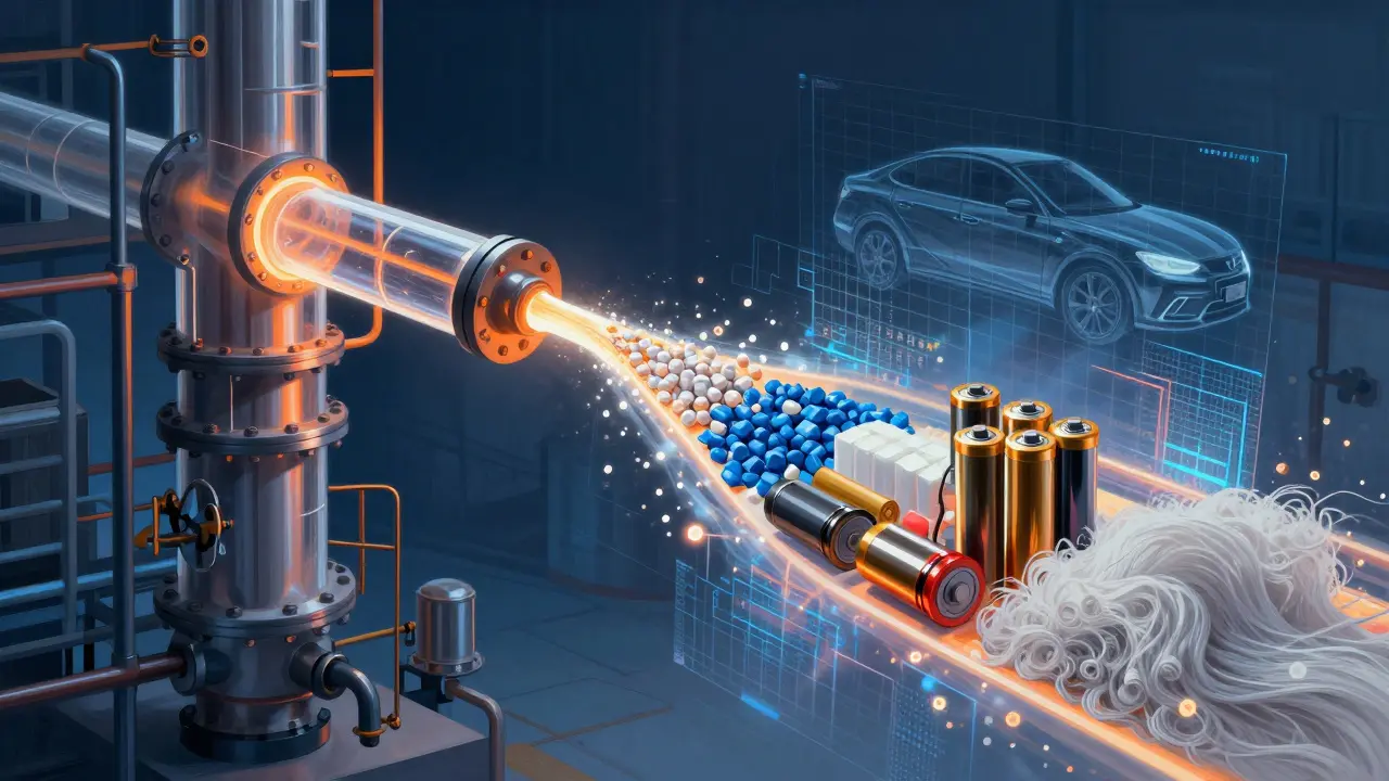 Flüssiges Benzin fließt in eine chemische Anlage, wird in Kunststoffe und Batteriekomponenten umgewandelt.